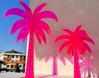 Neon Acrylic Palm Tree Sculpture | Vibrant Decor for Contemporary, Minimalist, and Bohemian Spaces | Fluorescent Pink and Yellow Acrylic |