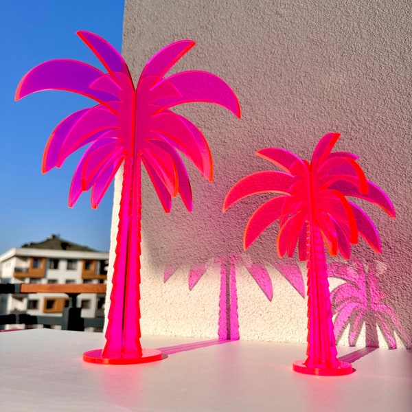 Escultura de palmera acrílica de neón / Decoración vibrante para espacios contemporáneos, minimalistas y boho / Acrílico rosa fluorescente y amarillo /