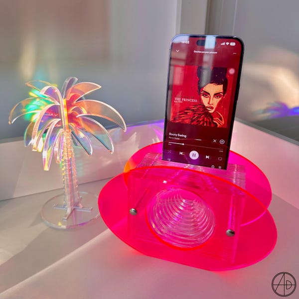 Amplificatore per telefono in acrilico neon: moderno dock audio Art Déco