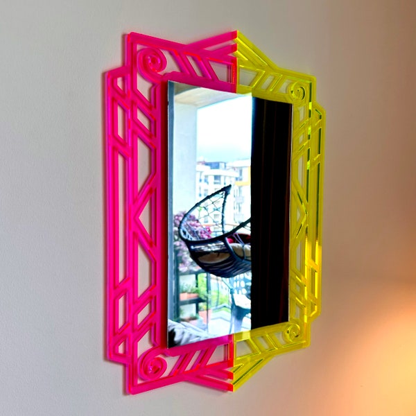 Art Deco Neon Mirror: Pink & Yellow Acrylic, Modern Wall Decor