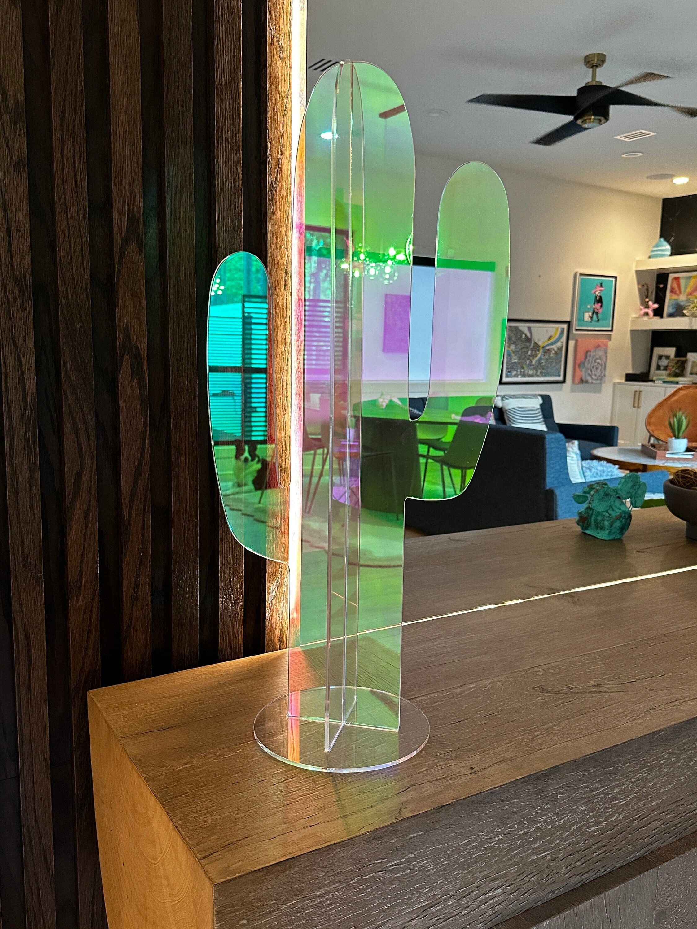 Iridescent Acrylic Cactus Sculpture Colorful Reflections, Living Room Decor | 30 Inch