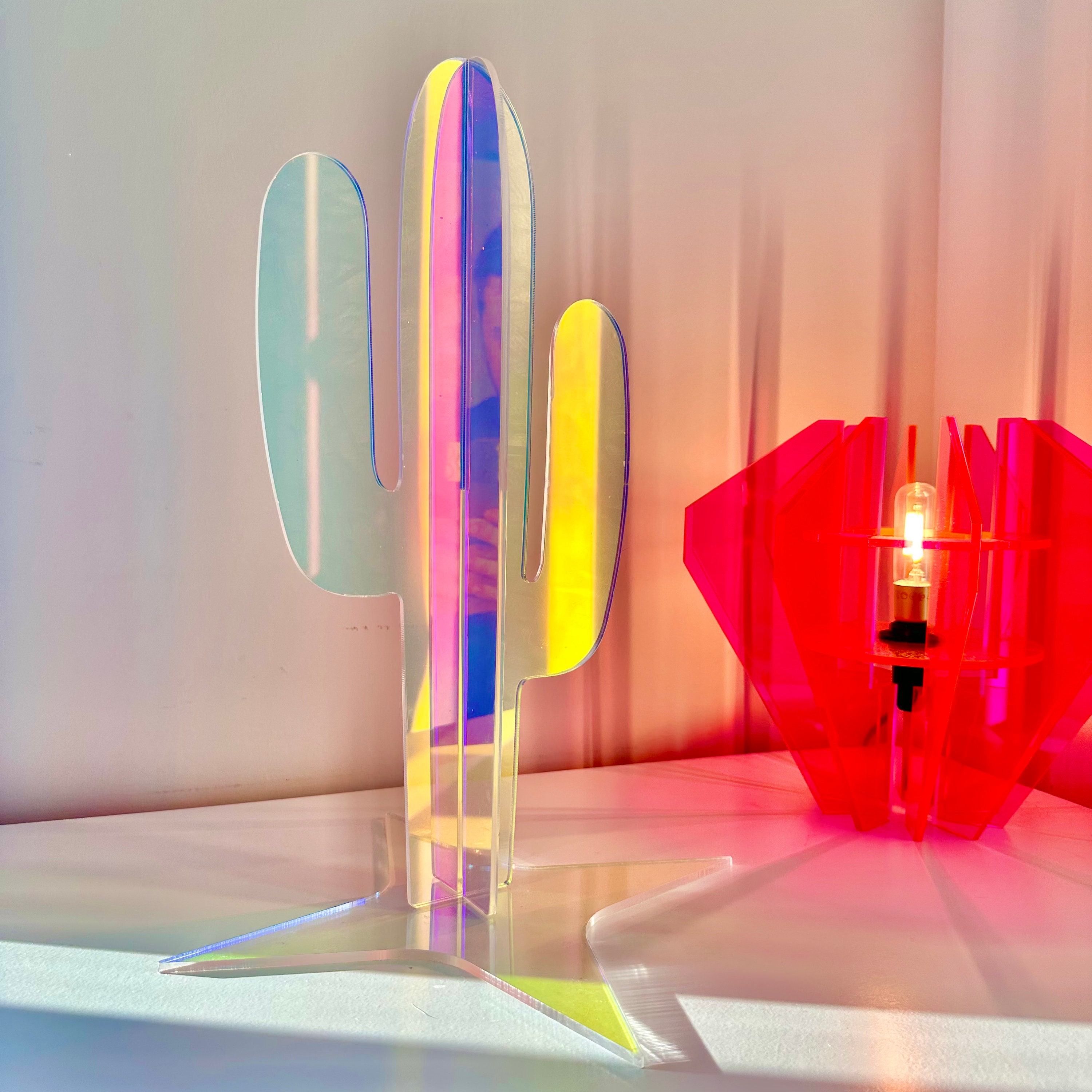 Holographic Acrylic Cactus Sculpture Iridescent Home Decor | 16 Inch