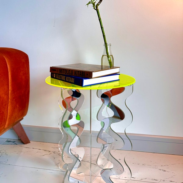 Neon-Acryl-Couchtisch | Wellenförmiges Beindesign und Spiegelakzente Pop Art Maximalist Dekor | Zeitgenössische Möbel | Moderner Acryltisch |