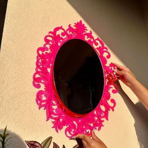Vintage-Style Acrylic Mirror | Fluorescent Pink Mirror, Boho Chic Home Accessories, Acrylic Wall Art Mirror, Art Deco Design, Pink&Yellow |