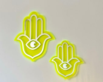 Bohemian Style Neon Yellow Acrylic Hamsa Hand Wall Decor | Unique Home Decoration and Evil Eye Talisman, Wall Decoration, Boho Home |