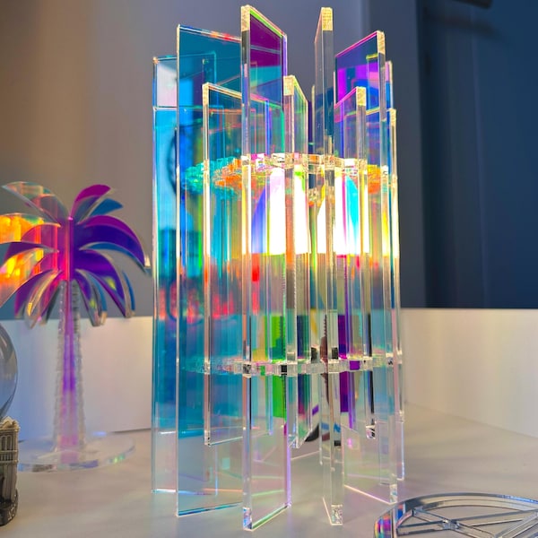 Iridescent Acrylic Art Deco Table Lamp | Color-Shifting Ambient Light