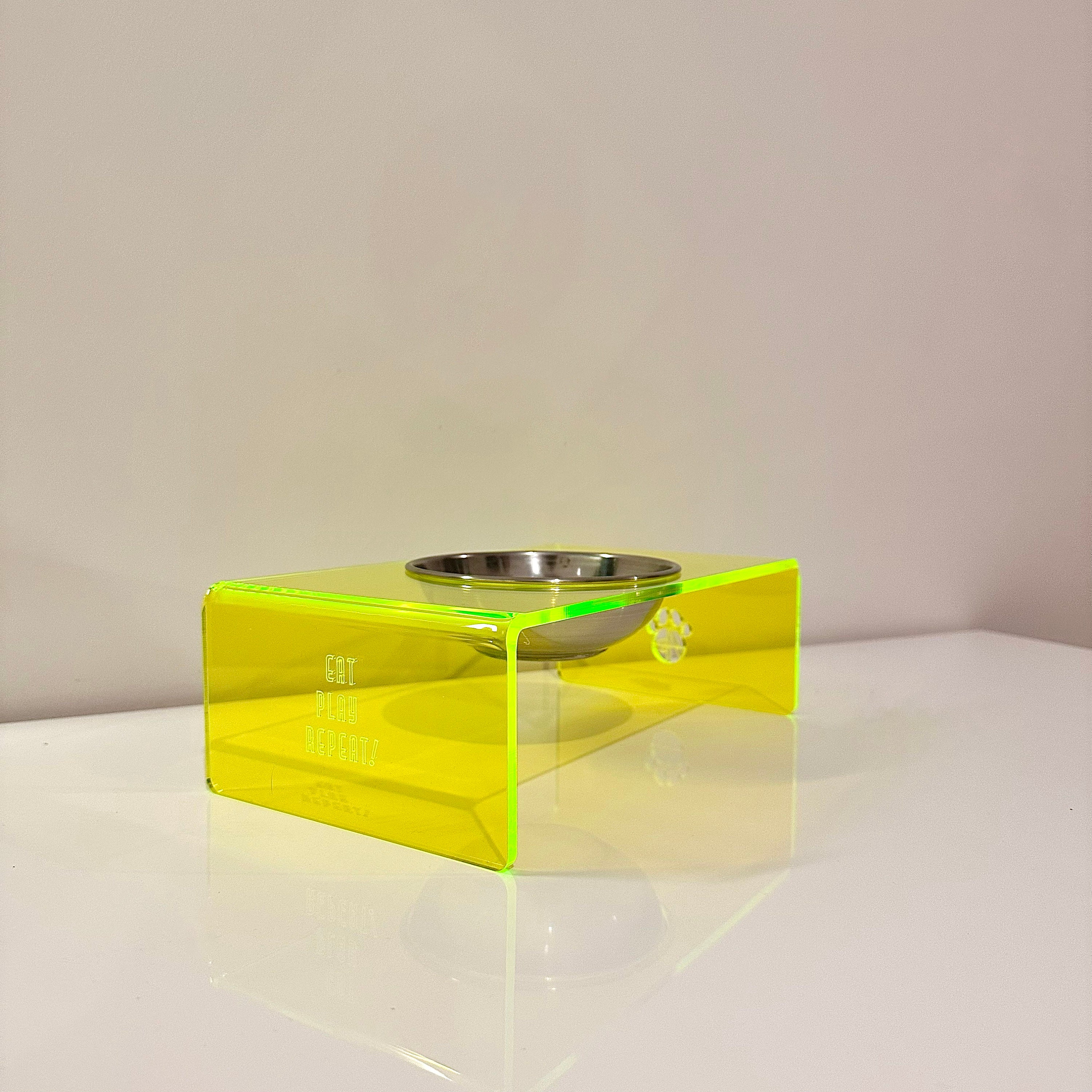 Neon Yellow Acrylic Pet Food Stand Modern Stainless Steel Bowl