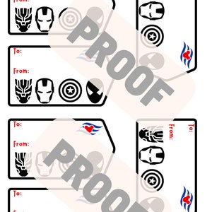 May include: White gift tags with black superhero character designs, including Black Panther, Iron Man, Captain America, and Spider-Man. Each tag has "To:" and "From:" labels and a Disney Cruise Line logo.