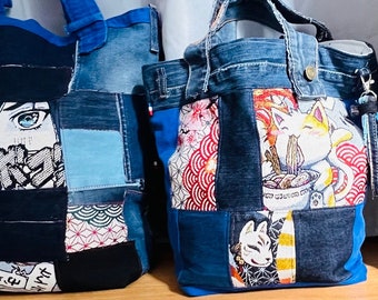 Sac a main toile et Jeans recyclé style Manga up cycle creation unique cadeau fait main