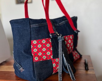 Red checkerboard cotton canvas jeans bag, Tote bag upcycle creation unique handmade gift