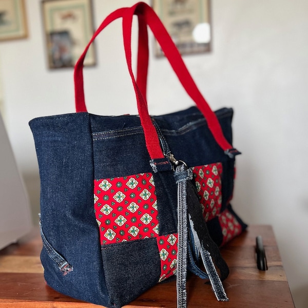 Red checkerboard cotton canvas jeans bag, Tote bag upcycle creation unique handmade gift