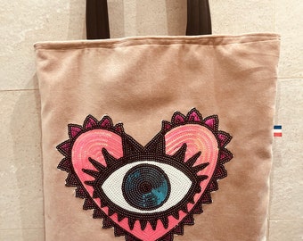 Pale pink velour tote bag with heart and lucky eye patch in diamonds, fully lined and handmade