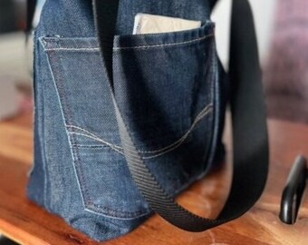 Denim Jeans Bag, Tote bag jeans up cycle unique creation handmade gift