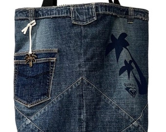 Zero waste upcycle blue jeans bag, made from recycled fabrics, Tote bag, beach bag, storage and travel bag, very solid, ethical