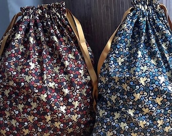 Reusable fabric gift bag Zero waste packaging, large fabric bag with angels print Merry Christmas
