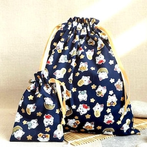 Sac emballage cadeaux zéro déchet, Pochon en Tissu Style Japonais, motifs chats, sac four tout, de voyage et rangements