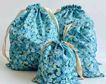 Handmade blue floral cotton fabric pouch – reusable gift bag – for storing lingerie, travel, makeup – zero waste