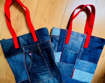 Sac tote bag Jeans Recycle patchwork - up cycle creation unique cadeau fait main