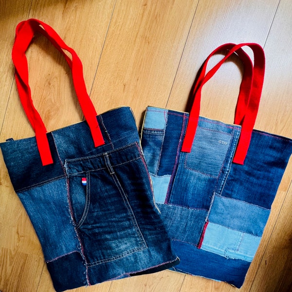 Sac tote bag Jeans Recycle patchwork - up cycle creation unique cadeau fait main