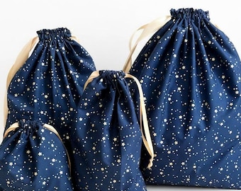 Fabric gift bag, reusable Furoshiki gift pouch, gold starry night, eco-friendly Valentine's Day gift storage bag