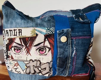 Sac Jeans Manga et toile recyclé up cycle creation unique cadeau fait main