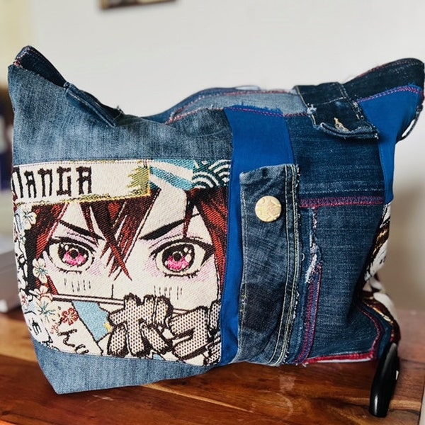 Manga Jeans bag and recycled canvas up cycle creation unique handmade gift