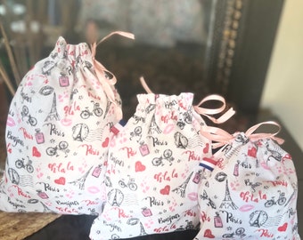 Sac pochon emballage cadeaux, zéro déchet, sac alimentaire Oeko-Tex, rangements et voyages motifs Paris Saint Valentin