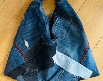 Sac Origami en jeans Denim Recycles , Tote bag Denim - up cycle creation unique cadeau fait main