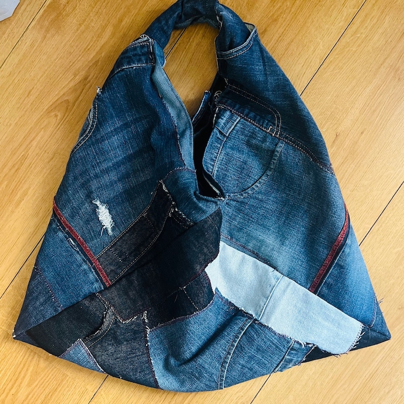 Origami bag in Denim Recycles jeans, Denim tote bag up cycle creation unique handmade gift image 2