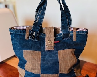 Denim Recycles jeans bag, Damier Denim Tote bag - up cycle creation unique handmade gift