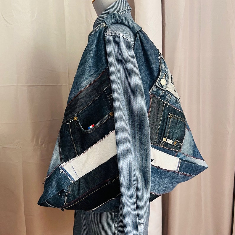 Origami bag in Denim Recycles jeans, Denim tote bag up cycle creation unique handmade gift image 3