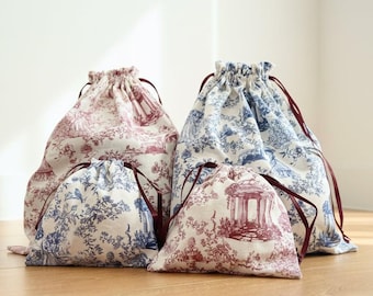 Handgemaakte katoenen tas met trekkoord – Toile de Jouy – Herbruikbare stoffen cadeautas – Milieuvriendelijke cadeauverpakking – Opbergruimte voor sieraden en make-up