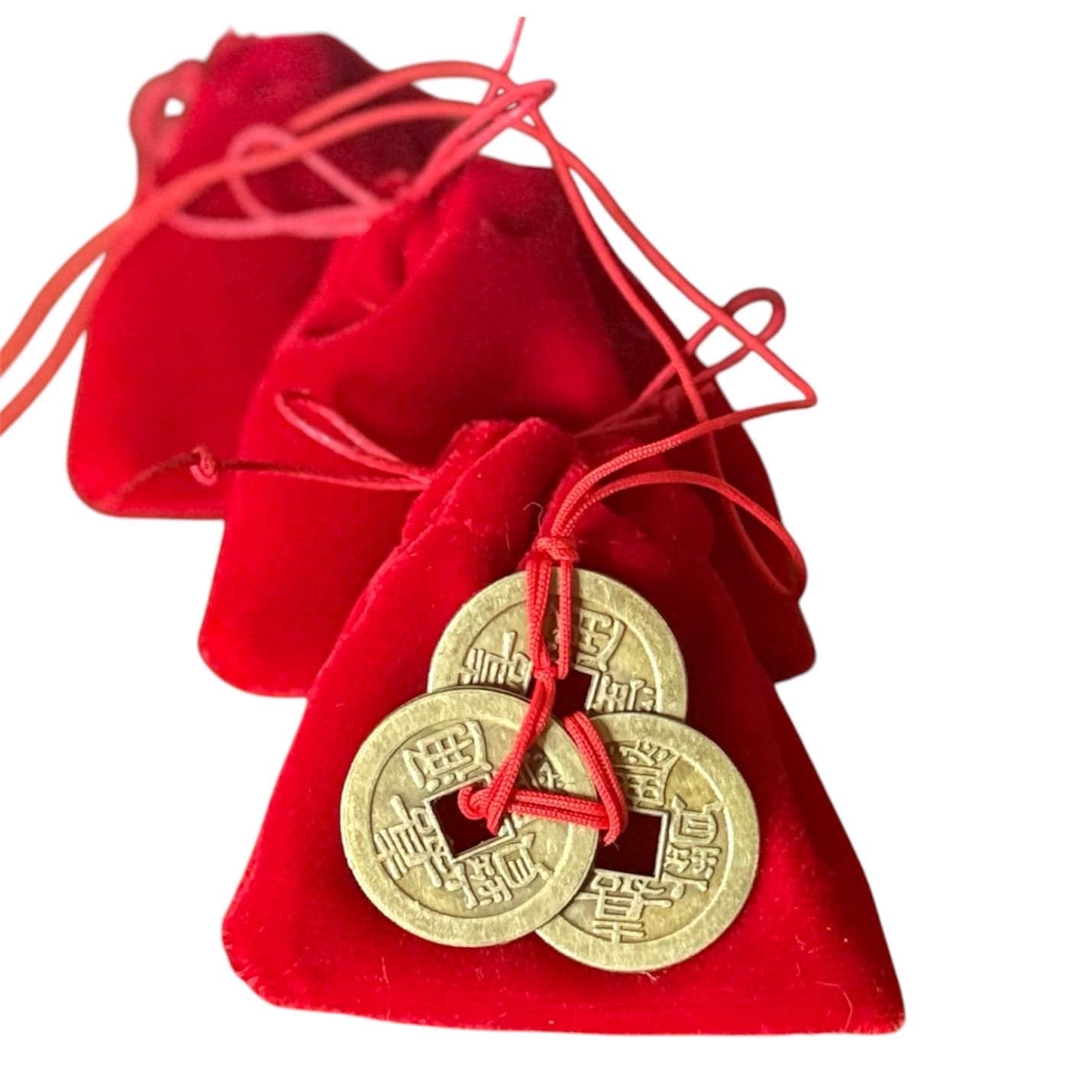 Chinese Feng Shui Coins - Red String Brass Lucky Coins For Wealth & Success