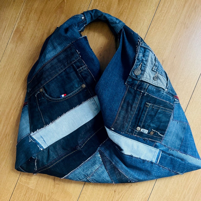 Origami bag in Denim Recycles jeans, Denim tote bag up cycle creation unique handmade gift image 4