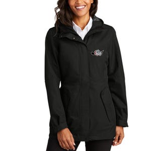 May include: Black hooded jacket with a small embroidered design on the chest. The jacket has a zipper closure, two front pockets, and a drawstring hood. The text "LADIES FRONT" is printed in red at the bottom of the image.