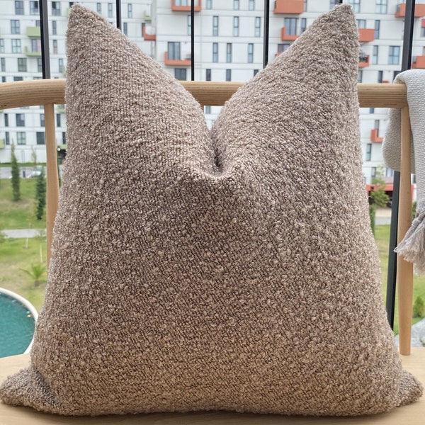 Copertura per cuscino Boucle Taupe profondo, Federa per cuscino Boucle Taupe scuro super morbida, Cuscino Boucle strutturato gonfio, Copertura Euro Sham, Cuscino accogliente in cotone