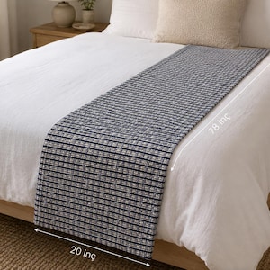 May include: A rectangular bed runner featuring a dark blue and white woven grid pattern. The runner is draped across a white bedspread. Text on the image indicates dimensions of 20 inches by 78 inches, showing the width and length of the textile.
