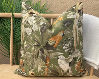 Kussensloop met groene bloemen papegaai, geweven kussen vogels met textuur, viscose en acryl, decoratieve kussensloop voor binnen