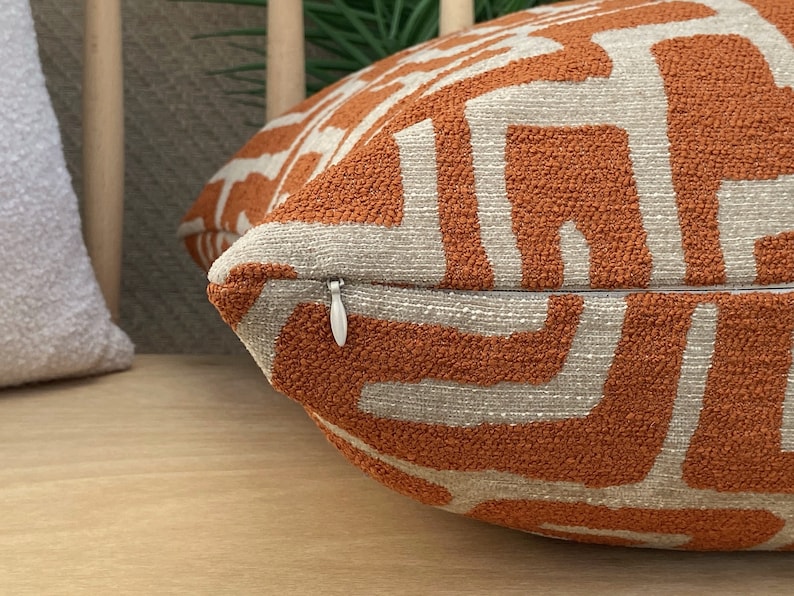 Taupe and Orange Labyrinth Pillow Cover, Cotton and Chenille Pillowcase image 6