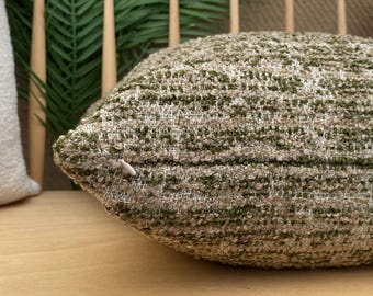 Green and Taupe Linen Pillow Cover, Abstract Boho Pillow Cushion, Green Boucle Pillowcase, Cozy Cotton Pillow, Textured Taupe Pillow Fabric