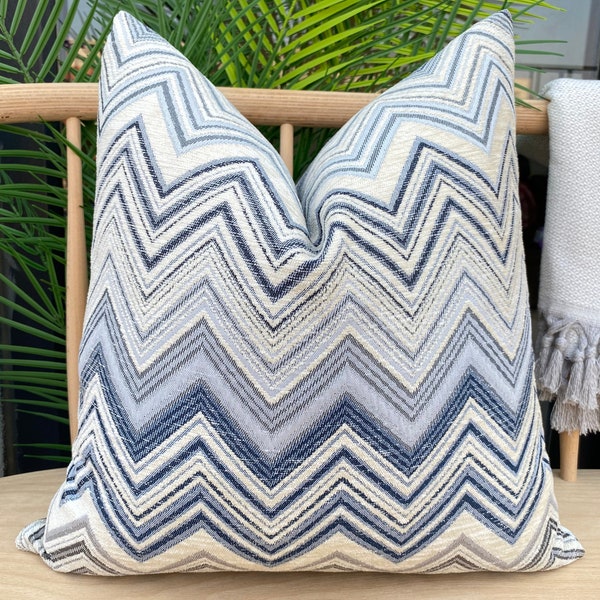 Cream And Blue Chevron Pillow Cover, Textured Zigzag Pillow Cushion, Euro Sham Cover, Soft Chenille Chevron Pillow, Matte Chevron Fabric