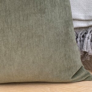 May include: A soft, green velvet pillow with a subtle texture. The pillow is shown on a light wood surface.