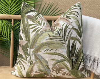 Kussensloop ivoor en groene palm, kussen kussen palm met textuur, dikke en zachte kussensloop, kussen geweven palm, katoen- en viscosestof