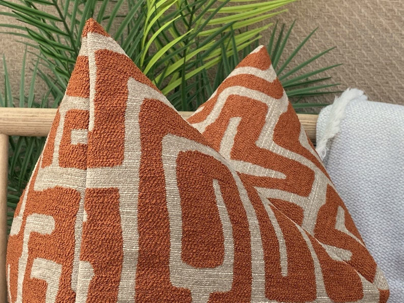 Taupe and Orange Labyrinth Pillow Cover, Cotton and Chenille Pillowcase image 5