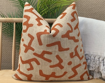 Taupe and Orange African Mudcloth Pillow Cover, African Bohemian Pillowcase, Euro Sham Cover, Chenille Woven Pillow Cushion, Pillow Fabric