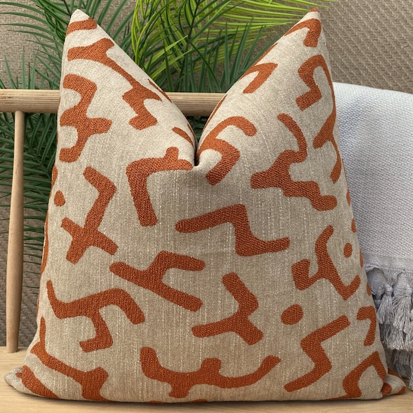 Taupe and Orange African Mudcloth Pillow Cover, African Bohemian Pillowcase, Euro Sham Cover, Chenille Woven Pillow Cushion, Pillow Fabric