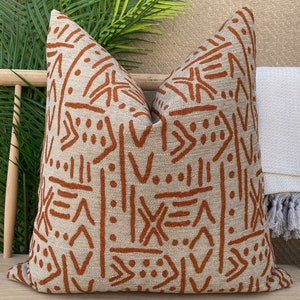 Taupe African Mudcloth Pillow Cover, Textured Orange and Taupe Mudcloth Pillow Cushion, Woven Soft Dark Beige and Orange Pillowcase