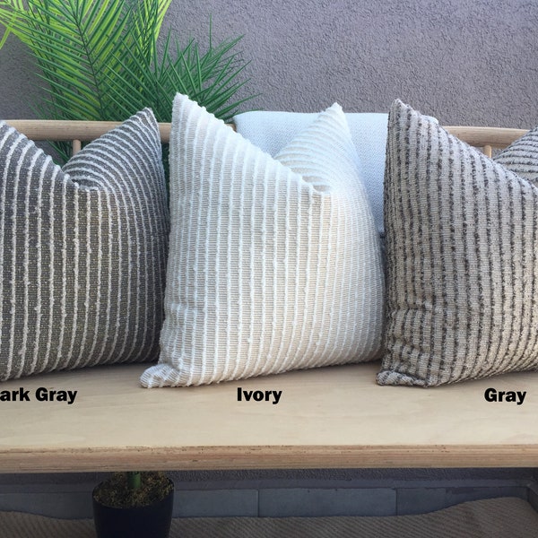 Gray Boho Striped Pillow Cover, Textured Pillow Cushion, Woven Pillow Cover, Cotton Pillow, Puffy Strip Pillow, Striped Pillow Cushion