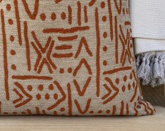 Taupe African Mudcloth Pillow Cover, Textured Orange and Taupe Mudcloth Pillow Cushion, Woven Soft Dark Beige and Orange Pillowcase