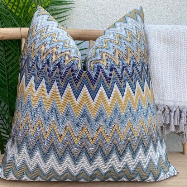Navy and Yellow Chevron Pillow Cover, Textured Colorful Chevron Pillow Cushion, Woven Dark Blue Zigzag Pillow Case, Euro Sham Cover
